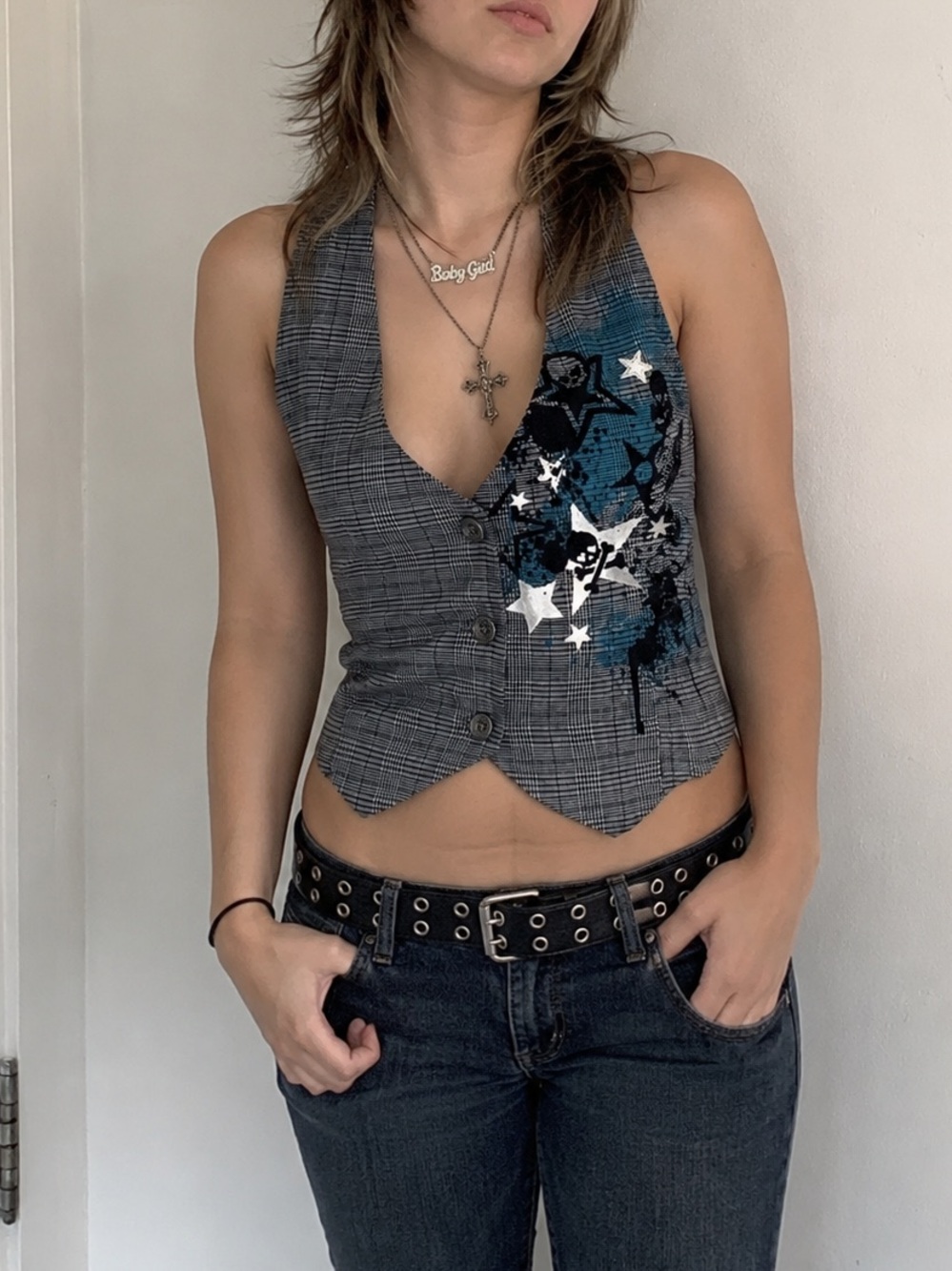 Y2K Plaid Halter Vest Blue Skull Star Graphic Emo Grunge 2000s Vintage - Picture 1 of 11